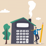Land tax Image- Hand drawn image of a calculator shaped into a house with a man standing next to it holding a pencil.